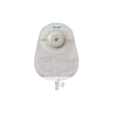 Transparent medical ostomy bag with adhesive barrier and drainable spout, white background