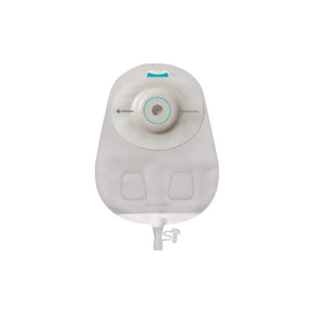 Transparent medical ostomy bag with adhesive barrier and drainable spout, white background