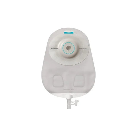 Transparent medical ostomy bag with adhesive barrier and drainable spout, white background