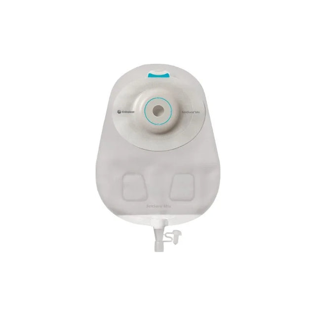 Transparent medical ostomy bag with adhesive barrier and drainable spout, white background