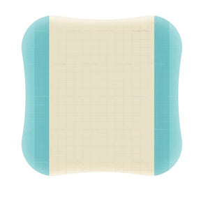 Square hydrocolloid wound dressing with grid pattern and blue adhesive borders