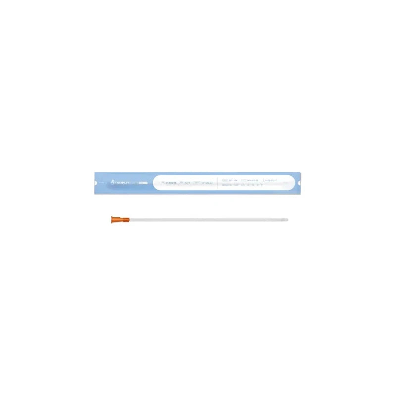 Compact intermittent catheter with orange tip and sterile packaging on white background