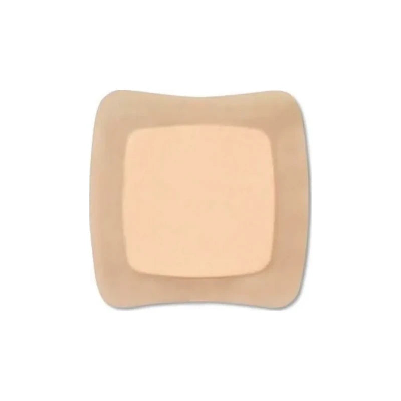 Square beige medical adhesive wound dressing with border on white background
