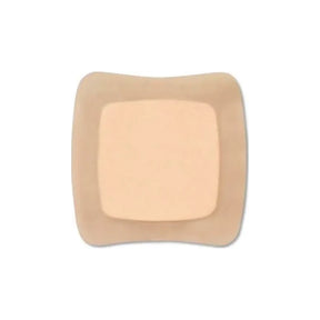 Square beige medical adhesive wound dressing with border on white background