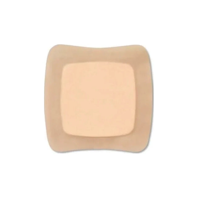 Square beige medical adhesive wound dressing with border on white background