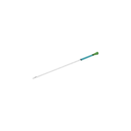 Sterile intermittent catheter with green and blue handle on white background