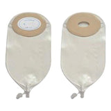 Convex adult urinary pouches with beige adhesive barriers and drainage valves, medical supplies