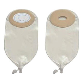 Convex adult urinary pouches with beige adhesive barriers and drainage valves, medical supplies