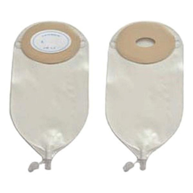 Convex adult urinary pouches with beige adhesive barriers and drainage valves, medical supplies