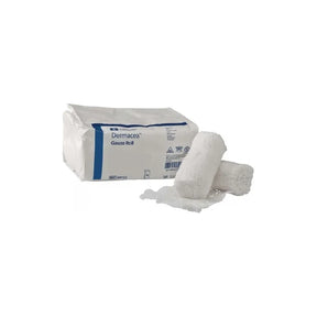 Covidien Dermacea gauze roll pack with two white rolled medical gauze dressings.