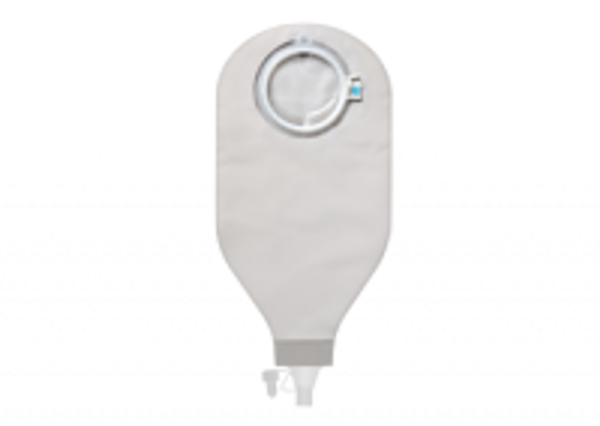 Closed ostomy bag with filter and transparent outlet, medical supply for stoma care