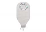 Closed ostomy bag with filter and transparent outlet, medical supply for stoma care