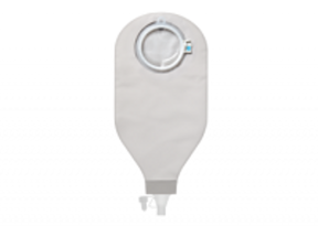 Closed ostomy bag with filter and transparent outlet, medical supply for stoma care