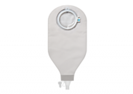 Closed ostomy bag with filter and transparent outlet, medical supply for stoma care