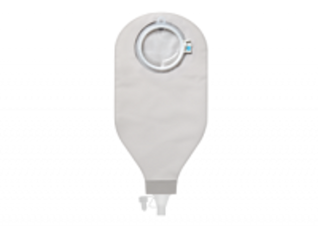 Closed ostomy bag with filter and transparent outlet, medical supply for stoma care