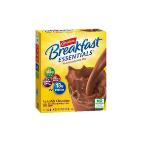 Carnation Breakfast Essentials Rich Milk Chocolate nutritional drink mix box on white background