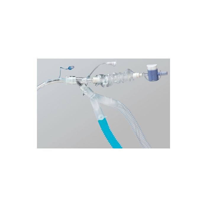 Closed suction catheter system with clear tubing and blue ventilator hose for respiratory care