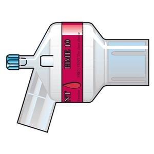 Medical blood filter device with red label and side port, used for home healthcare.
