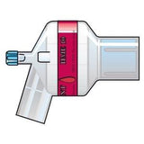 Medical blood filter device with red label and side port, used for home healthcare.