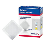 Cutimed Sorbion Sachet S superabsorbent wound dressing pad and product box