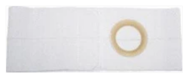 Ostomy barrier with adhesive ring on white medical pad for stoma care