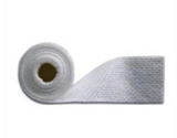 Rolled white medical gauze bandage on a plain background