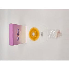 Ostomy pouch with barrier next to Safe n Simple packaging on white background
