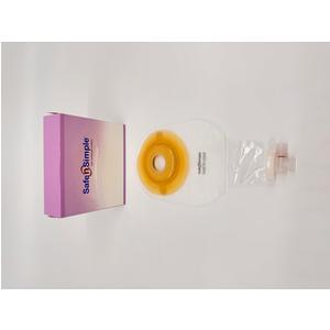 Ostomy pouch with barrier next to Safe n Simple packaging on white background
