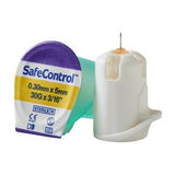 Close-up of SafeControl 30G 0.30mm x 5mm sterile pen needle for medical injections