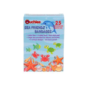 Box of Ouchies Sea Friendz bandages with sea animal designs, 25 assorted sizes.
