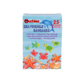 Box of Ouchies Sea Friendz bandages with sea animal designs, 25 assorted sizes.