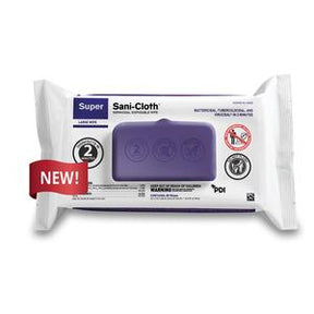 Sani-Cloth disinfecting wipes pack with purple lid and new product label