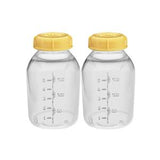 Two clear medical collection bottles with yellow lids and measurement markings.
