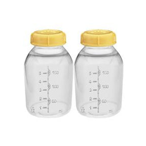 Two clear medical collection bottles with yellow lids and measurement markings.