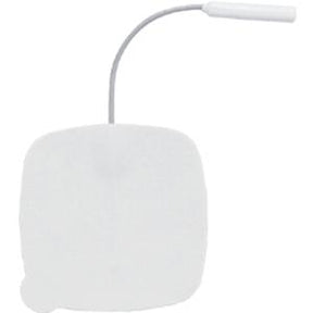 Square medical electrode pad with attached lead wire on white background