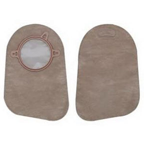 Pair of beige ostomy pouches with circular openings for medical use