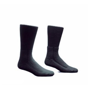 Pair of black crew-length medical socks on a white background