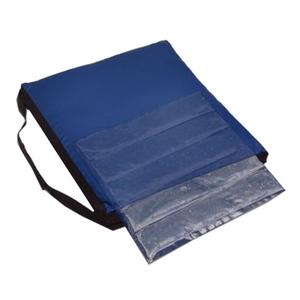 Blue wheelchair seat cushion with protective cover and carrying handle