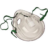 Clear oxygen mask with green elastic straps for respiratory therapy and medical use