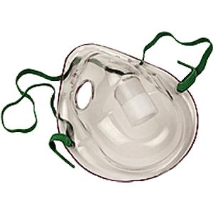 Clear oxygen mask with green elastic straps for respiratory therapy and medical use