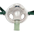 Clear adult oxygen mask with green elastic straps and connector, medical supply product