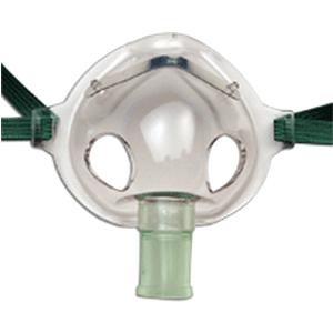 Clear adult oxygen mask with green elastic straps and connector, medical supply product