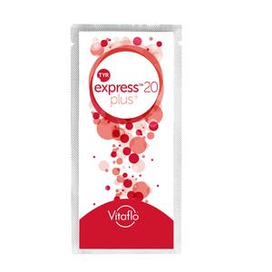 Vitaflo express 20 plus medical nutrition sachet with red bubble design on white background