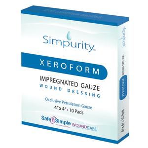 Box of Simpurity Xeroform impregnated gauze wound dressing, 4x4 inch, 10 pads