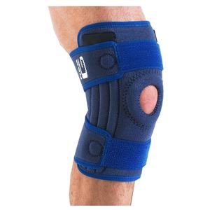 Adjustable blue knee brace with open patella on a person's leg for joint support