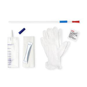 Home medical catheter kit with gloves, lubricant, collection bag, and cleansing wipe