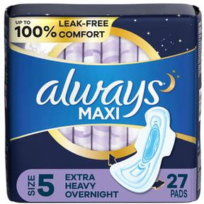 Always Maxi Size 5 Extra Heavy Overnight pads package, 27 pads, leak-free comfort