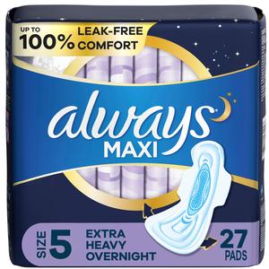 Always Maxi Size 5 Extra Heavy Overnight pads package, 27 pads, leak-free comfort