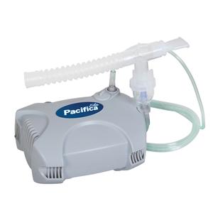 Compact gray nebulizer machine with tubing, used for respiratory therapy at home