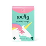 Welly Bravery Badges box with unicorn illustration and assorted fabric bandages.